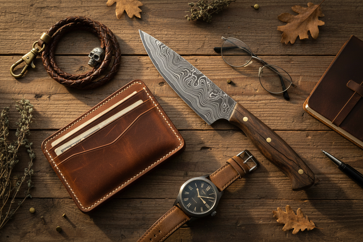 forged kitchen knife and leather wallet and accessories vibe